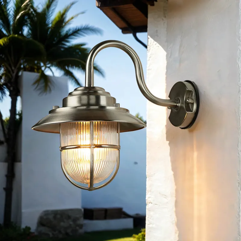 Zertifiziert Wandlampe Außen Maritim Messing Riffelglas IP64 Hof