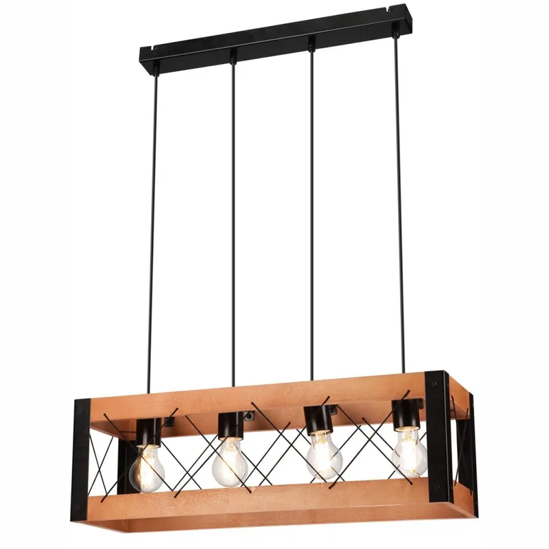 Bestpreis Pendelleuchte Holz Metall verstellbar 4-flammig E27 Rustikal