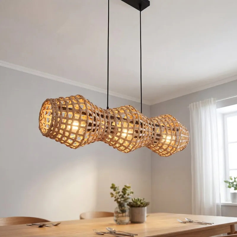 Neuheit Hängelampe Boho Rattan Metall E27 3-flammig 80cm lang