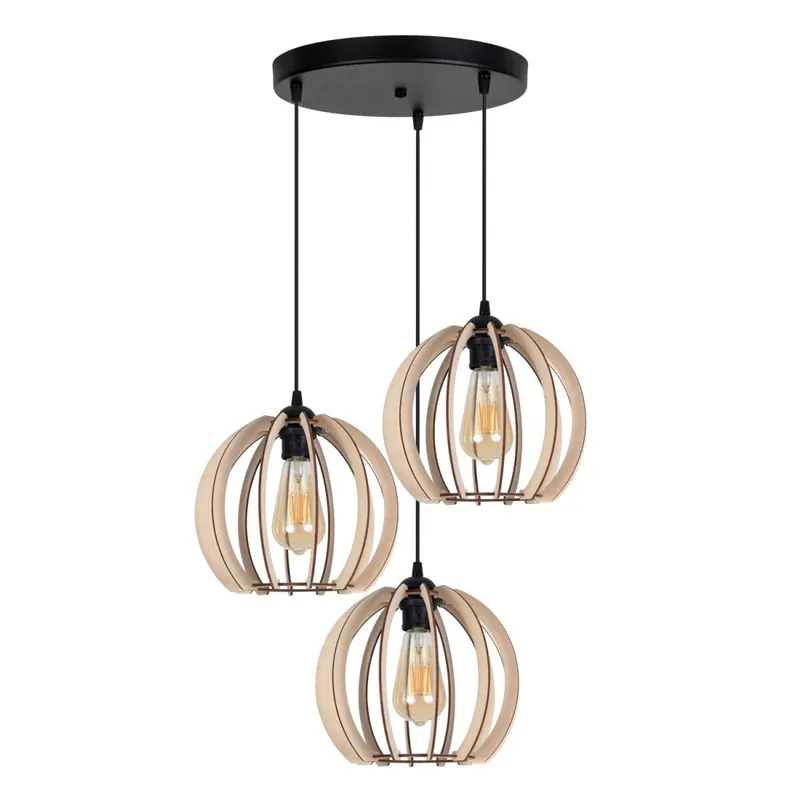 Schwarze Pendelleuchte Holz Metall 3-flmg E27 L:40 cm Highlight