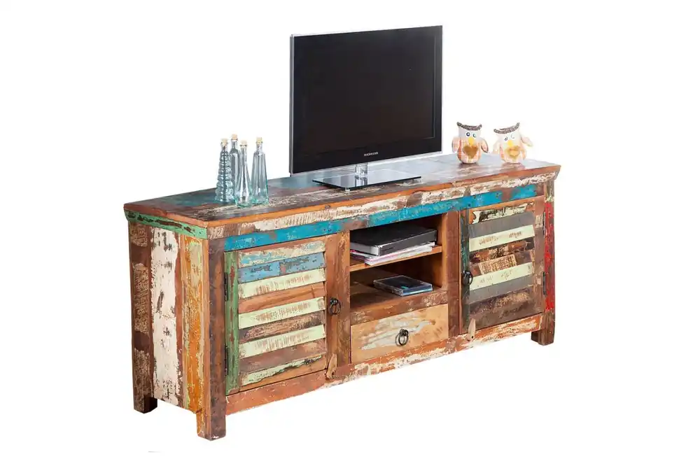 TV Lowboard Holz 150 cm breit Bunt Handarbeit dekorativ Letzte Chance