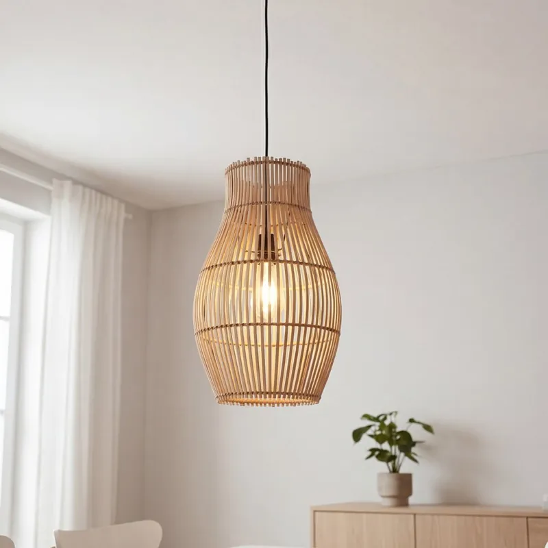 Neuheit Hängelampe Boho Bambus Metall Schwarz E27 Ø30 cm rund