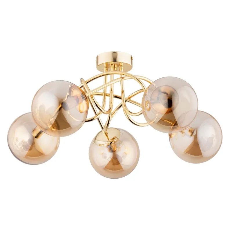 Deckenleuchte Kugel 51 cm 5x E14 Gold Retro Metall Rauchglas Sichere Zahlung