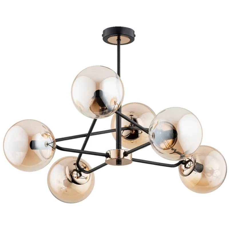 Echt Deckenlampe Rauchglas Metall 62 cm 6x E14 Schwarz Beige