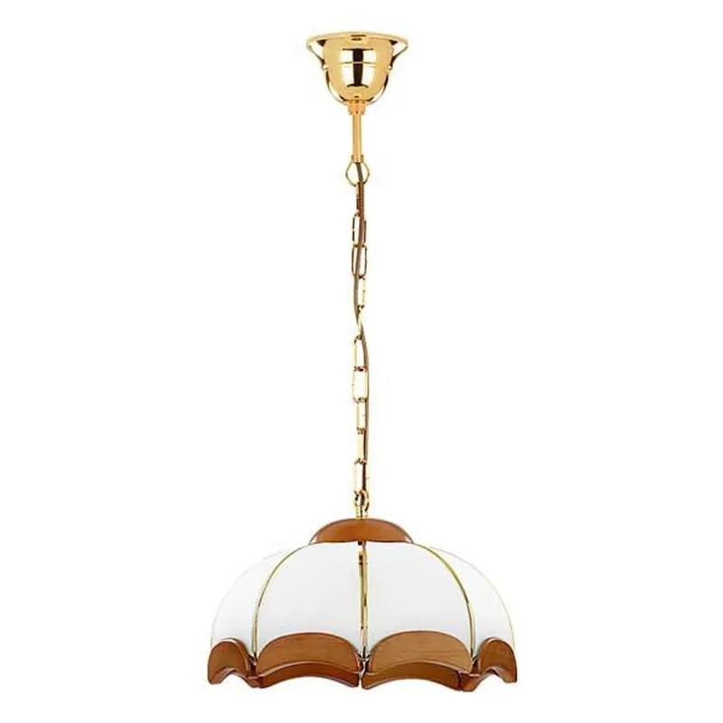 Zertifiziert Hängelampe rund 32 cm Gold Weiß Braun Rustikal E27