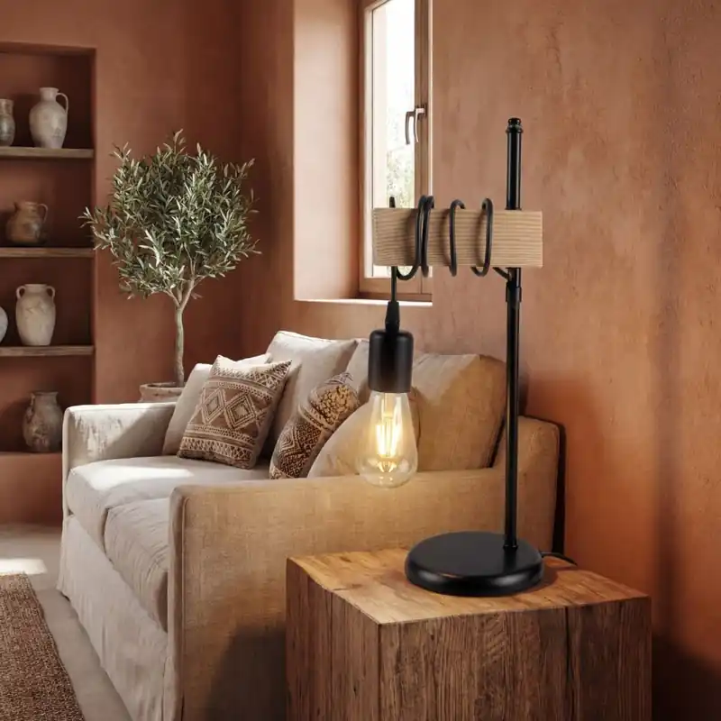 Nachttischlampe Metall geflammtes Holz Schwarz E27 Highlight