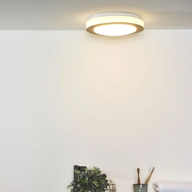 Markenware LED Deckenleuchte Dimy aus Stahl mit Deko-Ring in Holzfarben 3000K dimmbar