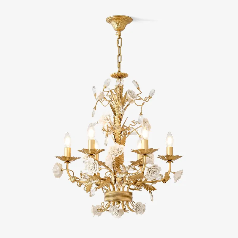 Echt Lustra Kronleuchter Weiß Rose Kristall 6 Köpfe Φ 58cm x H 63cm
