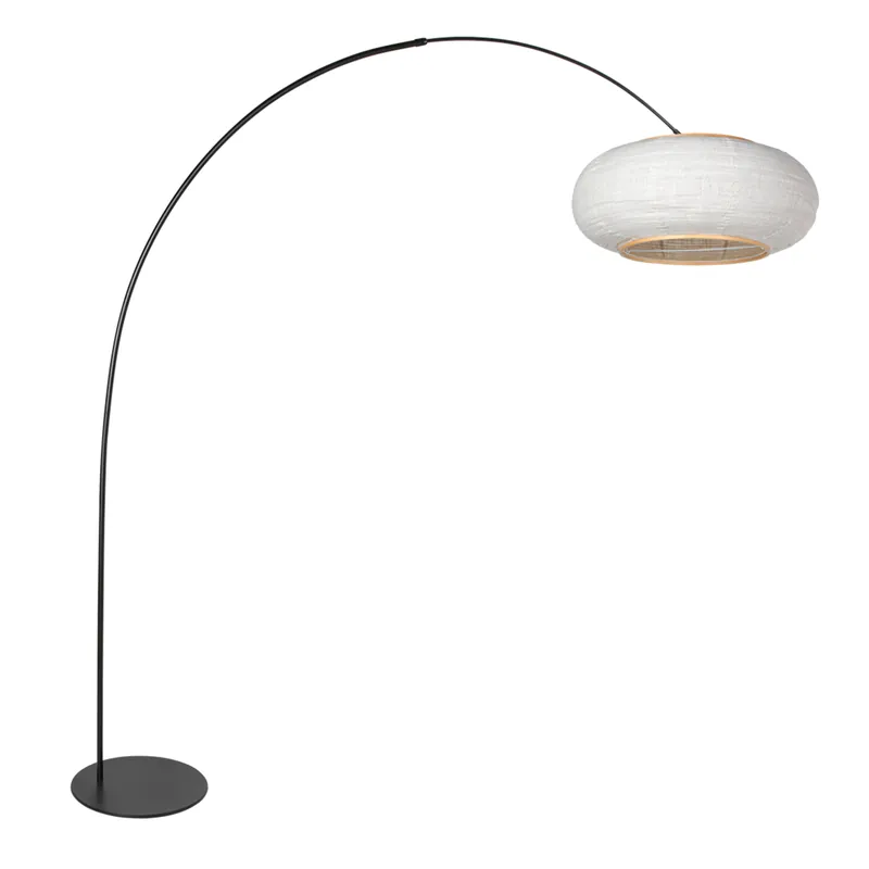 Schwarze Bogenlampe mit elegantem Leinenlampenschirm Anne Lighting Curve Preis Gesenkt