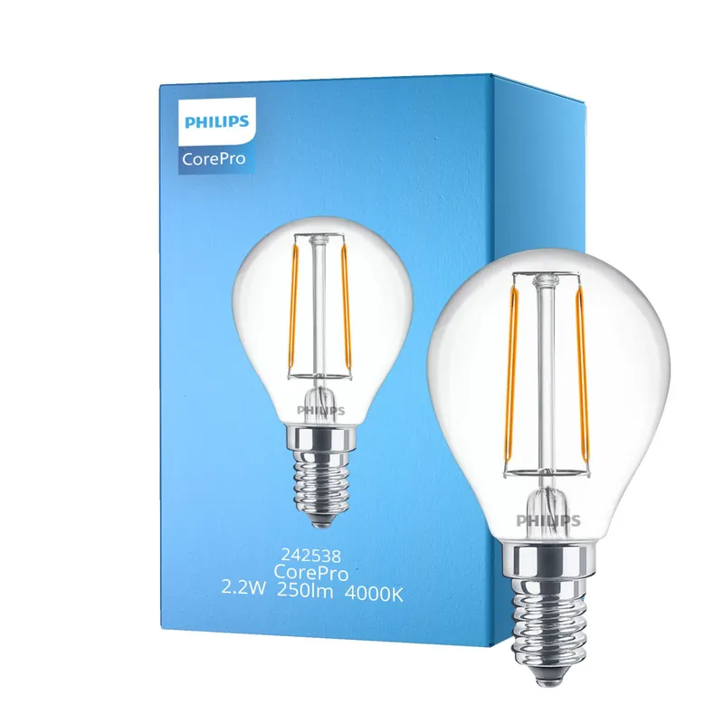Highlight Philips Corepro LED Lustre E14 Kugel Fadenlampe Klar 2.2W 250lm - 840 Kaltweiß | Ersatz für 25W