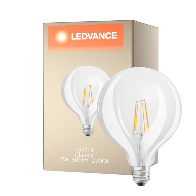 Ledvance Classic LED E27 Globe Fadenlampe Klar 7W 806lm - 827 Extra Warmweiß | Ersatz für 60W Geprüft
