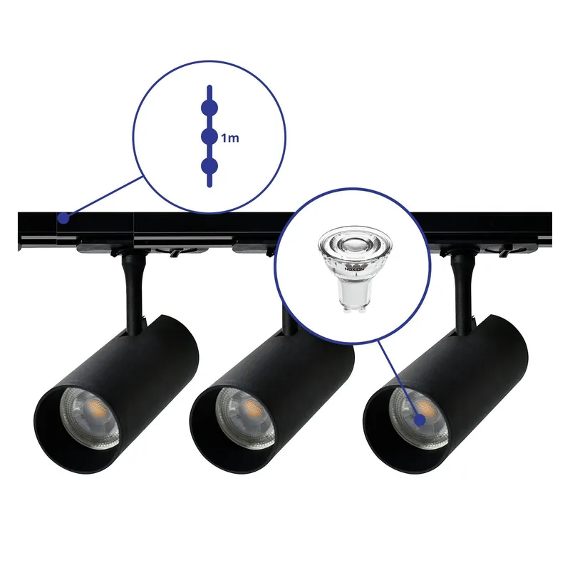 Aktuell Bright Choice Komplettset 1-Phasen Rail 1 Meter Schwarz | incl. 3x Spot + GU10 2700K 3W Dimmbar + Abschlusskappe, Stromanschluss