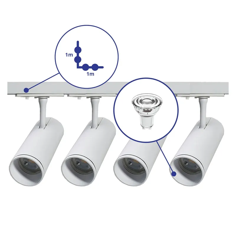 Bright Choice Komplettset 1-Phasen Rail L 1 x 1 Meter Weiß | incl. 4x Spot + GU10 2700K 3W Dimmbar + Abschlusskappe, Stromanschluss und L -Verbinder Geprüft