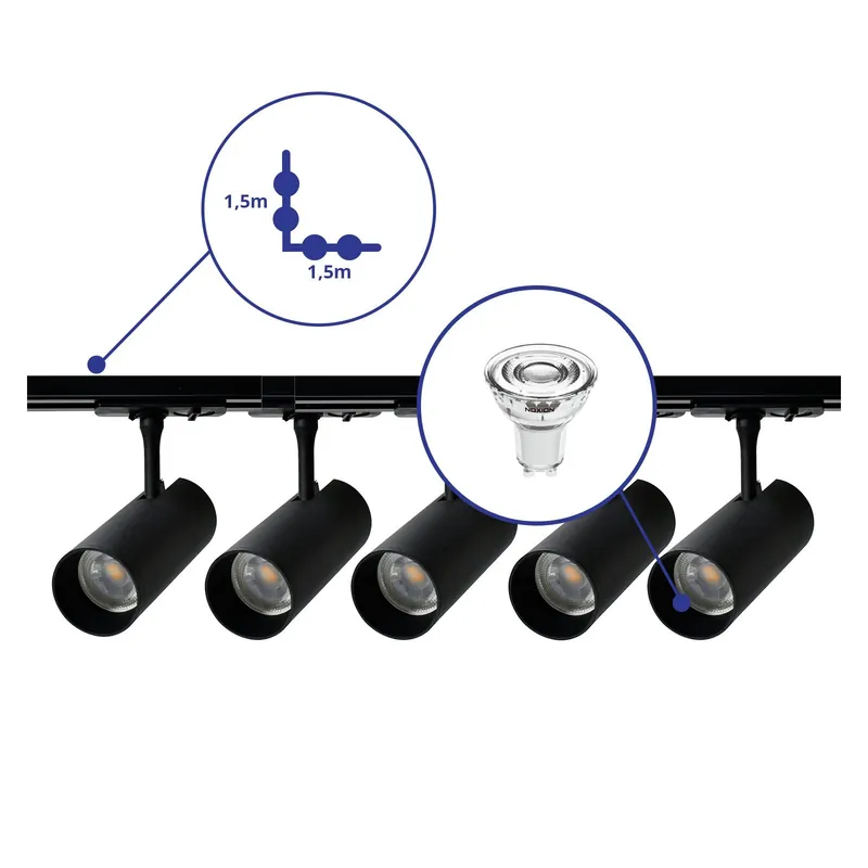 Bright Choice Komplettset 1-Phasen Rail L 1,5 x 1,5 Meter Schwarz | incl. 5x Spot + GU10 2700K 3W Dimmbar + Abschlusskappe, Stromanschluss und L -Verbinder Abverkauf