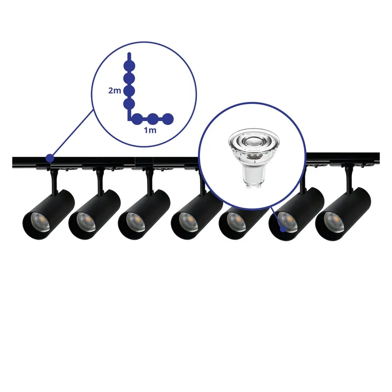 Bright Choice Komplettset 1-Phasen Rail L 1 x 2 Meter Schwarz | incl. 7x Spot + GU10 2700K 3W Dimmbar + Abschlusskappe, Stromanschluss und L -Verbinder Schneller Versand