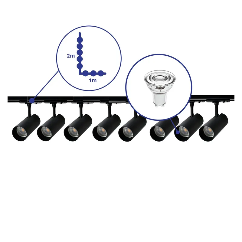 Bright Choice Komplettset 1-Phasen Rail L 1 x 2 Meter Schwarz | incl. 8x Spot + GU10 2700K 3W Dimmbar + Abschlusskappe, Stromanschluss und L -Verbinder Sichere Zahlung