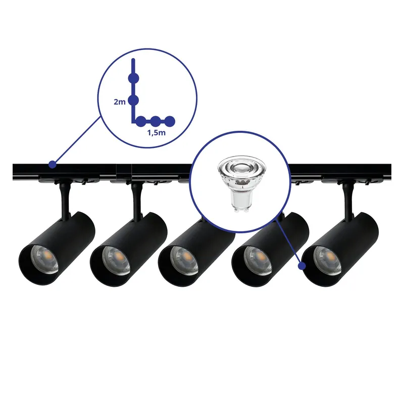 Mega-Angebot Bright Choice Komplettset 1-Phasen Rail L 1,5 x 2 Meter Schwarz | incl. 5x Spot + GU10 2700K 3W Dimmbar + Abschlusskappe, Stromanschluss und L -Verbinder